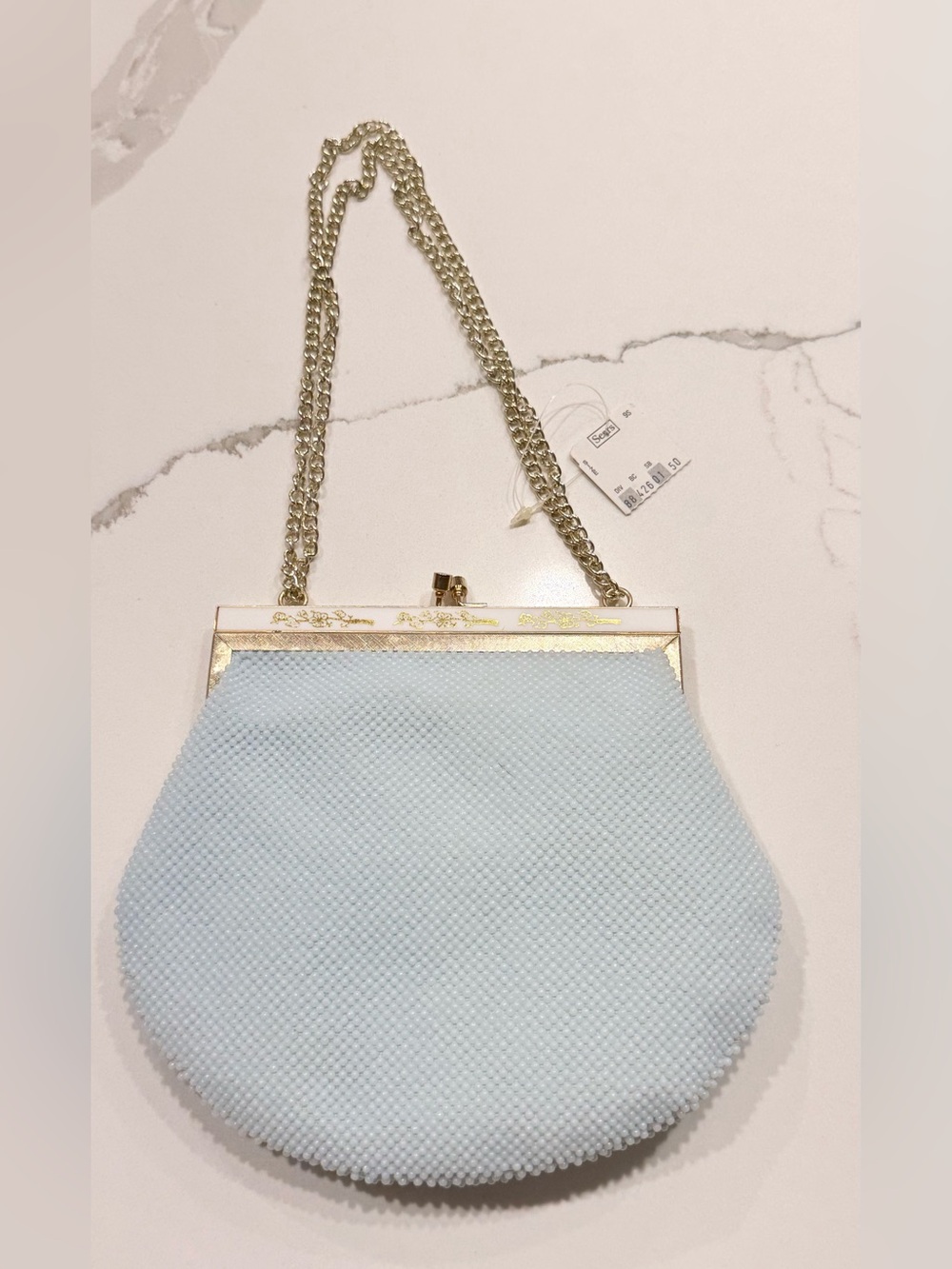 NWT Vintage Sears Light Blue Beaded Handbag Gold Frame Chain Clutch⁠
